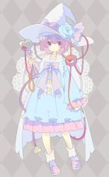 Rule 34 | 1girl, adapted costume, alternate costume, blue dress, bobby socks, buttons, commentary, dress, flower, flower ornament, frilled shirt collar, frills, full body, hat, hat ribbon, heart button, highres, holding, holding wand, komeiji satori, long sleeves, magical girl, mary janes, nikorashi-ka, pink footwear, pink hair, pink ribbon, purple eyes, red eyes, ribbon, rose, shoes, sleeves past wrists, socks, solo, third eye, touhou, wand, white hat, white socks, wide sleeves, witch, witch hat