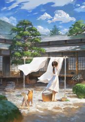 Rule 34 | 1girl, architecture, arms up, bare arms, basket, bed sheet, black cat, black hair, blue sky, brown footwear, bush, cat, cloud, day, dog, dress, east asian architecture, fjsmu, from behind, highres, house, laundry, laundry pole, mountain, original, outdoors, ponytail, sandals, scenery, shiba inu, shouji, sky, sleeveless, sleeveless dress, sliding doors, solo, tree, white dress, wind, wind lift