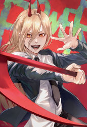 Rule 34 | 1girl, black jacket, black necktie, black pants, blonde hair, by free mind, chainsaw man, character name, collared shirt, commentary, cross-shaped pupils, crosshair pupils, demon horns, hair between eyes, hands up, highres, holding, holding scythe, horns, jacket, long hair, long sleeves, looking at viewer, necktie, off shoulder, open mouth, orange eyes, outstretched arm, outstretched hand, pants, power (chainsaw man), red background, red horns, scythe, sharp teeth, shirt, signature, smile, solo, symbol-shaped pupils, teeth, twitter username, upper body, v-shaped eyebrows, white shirt
