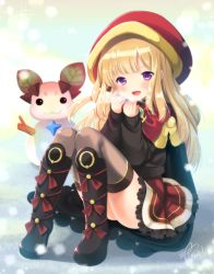 Rule 34 | 10s, 1girl, :3, :d, azuma yuki, bad id, bad pixiv id, black thighhighs, blonde hair, boots, bow, bowtie, breath, cagliostro (granblue fantasy), cloak, full body, granblue fantasy, hood, hooded cloak, lace, lace-trimmed skirt, lace trim, long hair, long sleeves, looking at viewer, open mouth, purple eyes, red bow, signature, sitting, skirt, smile, snow, snowing, snowman, solo, sweater, thighhighs, upskirt
