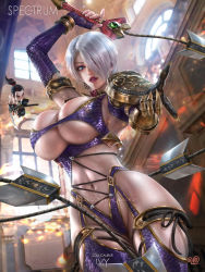 Rule 34 | 1boy, 1girl, armor, breasts, gauntlets, heishiro mitsurugi, highres, isabella valentine, large breasts, namco, realistic, revealing clothes, short hair, shoulder armor, soul calibur, sweat, sword, veins, veiny breasts, weapon, whip, whip sword, white hair, yam spectrum