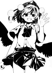 Rule 34 | 1girl, :d, bird wings, bow, bowtie, collared shirt, cowboy shot, greyscale, hanokami, hat, highres, looking at viewer, monochrome, open mouth, pom pom (clothes), shameimaru aya, shirt, short hair, short sleeves, simple background, skirt, smile, solo, standing, tokin hat, touhou, wings
