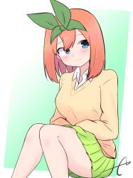 Rule 34 | 1girl, blue eyes, blush, breasts, brown sweater, closed mouth, collared shirt, commentary, eyebrows hidden by hair, feet out of frame, go-toubun no hanayome, gradient background, green background, green ribbon, green skirt, hair between eyes, highres, knees together feet apart, kujou karasuma, long sleeves, medium breasts, nakano yotsuba, orange hair, pleated skirt, ribbon, shirt, signature, skirt, smile, solo, sweater, symbol-only commentary, white shirt, wings