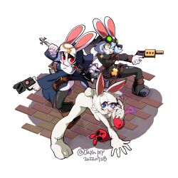 Rule 34 | 3girls, absurdres, angry, animal ears, blue eyes, bongfill, book, character request, cross, full body, furry, goggles, goggles on head, green eyes, gun, highres, holding, holding weapon, multiple girls, niking, nun, rabbit ears, rabbit girl, red eyes, smile, sneaky bun (niking), teeth, weapon, white fur