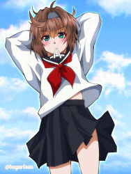 Rule 34 | 1girl, akichin (atelier baguri), alternate costume, aqua eyes, arms behind head, arms up, black skirt, blouse, brown hair, cowboy shot, grey hairband, hairband, kantai collection, long hair, long sleeves, messy hair, neckerchief, pleated skirt, red neckerchief, school uniform, serafuku, sheffield (kancolle), shirt, skirt, solo, standing, white shirt