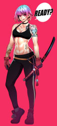 Rule 34 | 1girl, abs, breasts, choker, cleavage, full body, gloves, highres, katana, midriff, multicolored hair, original, pants, psychicjin, red eyes, shoes, short hair, sneakers, solo, sports bra, sword, tattoo, tongue, tongue out, weapon