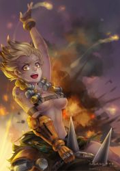 Rule 34 | 1girl, 2016, arm strap, arm tattoo, artist name, belt, black gloves, blonde hair, bracer, breasts, chain, collarbone, dated, explosive, fiery hair, fingerless gloves, fire, genderswap, genderswap (mtf), gloves, green shorts, grenade, hand up, harness, heart, highres, junkrat (overwatch), large breasts, looking at viewer, mechanical arms, mechanical hands, messy hair, open mouth, overwatch, overwatch 1, patch, peg leg, shisherry, short hair, shorts, single glove, single mechanical arm, single mechanical hand, sitting, sitting on object, skull and crossbones, smoke, solo, spiked hair, spikes, stomach, strap, tattoo, teeth, tire, underboob, yellow eyes