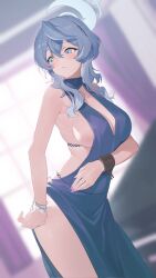 Rule 34 | 1girl, absurdres, ako (blue archive), ako (dress) (blue archive), ao tsukushi, bare shoulders, blue archive, blue dress, blue eyes, blue hair, blue halo, blurry, blurry background, blush, bracelet, breasts, cleavage, cowboy shot, cuffs, dress, evening gown, halo, halter dress, halterneck, highres, jewelry, large breasts, long hair, low neckline, official alternate costume, pink nails, shackles, sideboob, sideless dress, sideless outfit, sleeveless, sleeveless dress, solo, sweatdrop, thighs
