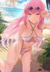 Rule 34 | 1girl, alternate costume, beach, bikini, blue sky, commentary, criss-cross halter, day, english commentary, eyewear on head, halterneck, highres, hololive, hololive english, kirachamo, kneeling, long hair, looking at viewer, mori calliope, navel, ocean, outdoors, palm tree, parted lips, pink eyes, pink hair, pink nails, sky, smile, solo, sunglasses, swimsuit, tree, virtual youtuber, white bikini