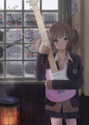 Rule 34 | 1girl, bad id, bad pixiv id, blazer, brown eyes, brown hair, guitar, hair ribbon, heater, highres, instrument, jacket, looking at viewer, original, pleated skirt, ribbon, school uniform, short hair, short twintails, skirt, smile, snow, snowing, solo, taka (tsmix), twintails