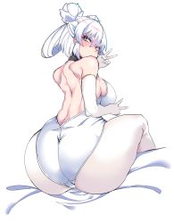 Rule 34 | 1girl, absurdres, ass, ass focus, back, blue eyes, blush, breasts, elbow gloves, gloves, hattimitsu (hatelimitu), highres, huge ass, large breasts, leotard, looking back, original, pantyhose, sitting, solo, v, white background, white theme