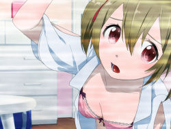 Rule 34 | 1girl, :o, alternate costume, arm up, bra, brown hair, camera, collarbone, hair between eyes, indoors, looking at viewer, open clothes, open mouth, open shirt, pink bra, red eyes, shirt, short hair, silica, solo, sword art online, table, tongue, underwear, vogelschwein, white shirt, wooden floor