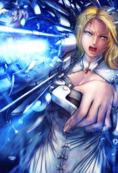 Rule 34 | 1girl, angry, blonde hair, blue eyes, blue theme, fallout (series), fallout 3, female focus, gun, open mouth, s zenith lee, solo, tesla cannon, weapon