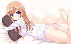 Rule 34 | 1girl, ass, bare shoulders, barefoot, bed sheet, blush, breasts, brown hair, commentary request, fingernails, frilled panties, frills, from side, gochuumon wa usagi desu ka?, hair between eyes, hoto mocha, legs up, long hair, looking at viewer, looking back, looking to the side, lying, medium breasts, no pants, hugging object, off-shoulder shirt, off shoulder, on bed, on stomach, panties, pillow, pillow hug, pink panties, purple eyes, shirt, smile, solo, sweater, toenails, underwear, white sweater, xiaosamiao
