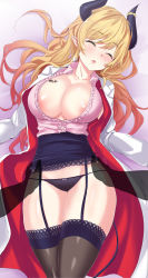 Rule 34 | 1girl, absurdres, areola slip, black panties, black thighhighs, blonde hair, blush, breasts, cleavage, closed eyes, clothes lift, garter straps, highres, hololive, horns, lab coat, long hair, mp150 plus, open mouth, panties, pencil skirt, pointy ears, skirt, skirt lift, sleeping, solo, thighhighs, underwear, virtual youtuber, yuzuki choco, yuzuki choco (1st costume)