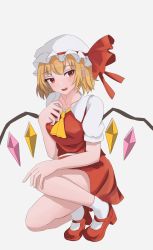 Rule 34 | 1girl, :d, ascot, blonde hair, collarbone, collared shirt, crystal, fang, flandre scarlet, full body, hand on own knee, hat, hat ribbon, high heels, highres, looking at viewer, mary janes, mob cap, open mouth, puffy short sleeves, puffy sleeves, red eyes, red footwear, red ribbon, red skirt, red vest, ribbon, shirt, shoes, short hair, short sleeves, simple background, sketch book27, skirt, skirt set, smile, socks, solo, squatting, teeth, touhou, upper teeth only, vest, white background, white hat, white shirt, white socks, wings, yellow ascot
