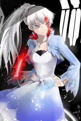 Rule 34 | 1girl, blood, blue eyes, dress, highres, jewelry, long hair, necklace, ponytail, rapier, rwby, scar, solo, sword, weapon, weiss schnee, weizu, white hair