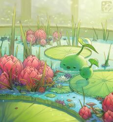 Rule 34 | artist name, closed eyes, commentary, creature, day, dew drop, english commentary, final fantasy, final fantasy xiv, flower, grass, korpokkur (final fantasy), landscape, light particles, lily pad, no humans, outdoors, partially submerged, red flower, scenery, water, water drop, whispwill