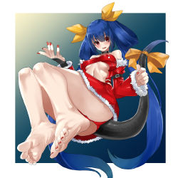 Rule 34 | 1girl, ass, bare legs, bare shoulders, barefoot, belt, blue hair, breasts, center opening, choker, christmas, detached sleeves, dizzy (guilty gear), eiji (eiji), feet, foot focus, foreshortening, fur trim, greek toe, guilty gear, guilty gear x, guilty gear xx, hair between eyes, hair ribbon, highres, large breasts, long hair, looking at viewer, midriff, monster girl, nail polish, panties, red eyes, red nails, red panties, ribbon, santa costume, smile, soles, solo, tail, tail ornament, tail ribbon, thigh strap, thighs, toenail polish, toenails, toes, twintails, underboob, underwear, wide sleeves, yellow ribbon
