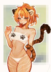 Rule 34 | 1girl, animal ears, bandeau, bare arms, bare shoulders, border, cowboy shot, fizzeru, hand up, highres, medium hair, multicolored background, multicolored hair, nail polish, navel, orange hair, original, outline, panties, solo, tail, tiger ears, tiger girl, tiger tail, two-tone hair, underwear, white border, white hair, white nails, white outline, white panties