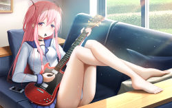 Rule 34 | 1girl, angel beats!, bare legs, barefoot, blouse, blue shirt, blue skirt, cellphone, choker, collar, commentary request, couch, cross hair ornament, crossed legs, cushion, earphones, electric guitar, artistic error, feet, gibson sg, guitar, hair ornament, huge filesize, indoors, instrument, iphone, legs, light rays, living room, long hair, looking at viewer, lying, mouth hold, on back, panties, phone, pink eyes, pink hair, plectrum, resting, riuji, school uniform, serafuku, shirt, skirt, smartphone, solo, thighs, two side up, underwear, white panties, white shirt, wrong foot, yui (angel beats!)