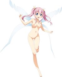 Rule 34 | 1girl, barefoot, blue eyes, breasts, completely nude, fairy wings, full body, highres, long hair, medium breasts, navel, nipples, no pussy, non-web source, nude, open mouth, pink hair, solo, transparent background, twintails, wings