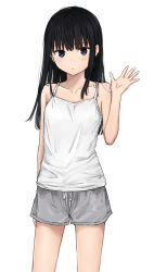 Rule 34 | 1girl, akipeko, arm at side, bare shoulders, black eyes, black hair, blush, camisole, collarbone, commentary request, cowboy shot, flat chest, grey shorts, hand up, highres, long hair, open mouth, original, short shorts, shorts, simple background, solo, white background, white camisole
