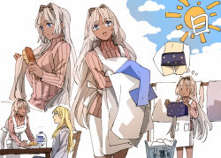 Rule 34 | 1boy, 1girl, alternate costume, alternate hairstyle, apron, blonde hair, blue eyes, caenis (fate), chair, clothesline, dark-skinned female, dark skin, closed eyes, fate/grand order, fate (series), grey hair, brushing hair, holding, holding brush, kirschtaria wodime, long hair, looking at viewer, multiple views, pink sweater, ribbed sweater, sitting, sweater, table, tsengyun, very long hair, white apron