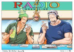 Rule 34 | 2boys, ashtray, bara, blue shirt, bottle, card, chair, cigar, den den mushi, desk, english text, eyewear on head, green hair, green shirt, happy birthday, hat, headphones, holding, holding bottle, holding card, kokorozashi, looking at another, looking at viewer, male focus, mature male, microphone, multiple boys, muscular, muscular male, one piece, open mouth, paper, party hat, pectoral cleavage, pectorals, pen, radio booth, reading, roronoa zoro, scar, scar across eye, scar on chest, scar on face, shirt, short hair, sitting, smile, smoke, smoker (one piece), smoking, snail, sunglasses, water bottle, white hair, window