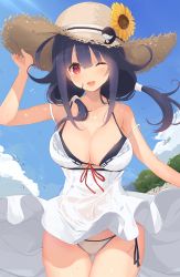 Rule 34 | 1girl, bikini, bikini under clothes, black bikini, blush, breasts, cleavage, cloud, covered navel, day, dress, flower, hat, hat flower, highres, holding, holding clothes, holding hat, kagerou (shadowmage), kantai collection, large breasts, long hair, looking at viewer, low twintails, multicolored bikini, multicolored clothes, one eye closed, open mouth, purple hair, red eyes, see-through, sky, smile, solo, strap slip, straw hat, sunflower, swimsuit, taigei (kancolle), twintails, white dress