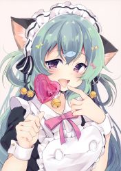 Rule 34 | 1girl, absurdres, animal ears, artbook, bell, candy, cat ears, food, green hair, hair ornament, hair ribbon, hairpin, heart, heart-shaped lollipop, highres, inal, licking, licking finger, lollipop, long hair, maid, maid headdress, momoirone, neck bell, non-web source, purple eyes, ribbon, shaped lollipop, striped ribbon, thighhighs, twintails
