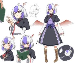 Rule 34 | 1other, ahoge, bird wings, black capelet, black skirt, book, boots, brown eyes, brown footwear, brown nails, capelet, from above, head wings, holding, holding book, horns, long sleeves, multiple views, musical note, pocche-ex, purple hair, reading, red wings, short hair, simple background, single head wing, skirt, solo focus, tokiko (touhou), touhou, white background, white hair, wings