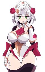 Rule 34 | 1girl, absurdres, abysswatchers, armored gloves, ascot, blush, braid, breasts, cleavage, flower, genshin impact, gloves, green eyes, grey hair, hair flower, hair ornament, highres, large breasts, leotard, looking at viewer, noelle (genshin impact), red ascot, red flower, red rose, rose, short hair, simple background, smile, solo, standing, thighhighs, thighs