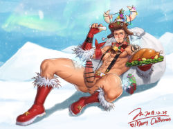 Rule 34 | 1boy, abs, alternate costume, animal hood, bara, beard, blue eyes, blush, brown hair, censored, christmas, cup, drinking glass, erection, facial hair, fate/grand order, fate (series), full body, hood, jin(sirius-j), large pectorals, long sideburns, male focus, manly, muscular, napoleon bonaparte (fate), nipples, pectorals, penis, pouring, pouring onto self, revealing clothes, santa costume, scar, short hair, sideburns, smile, solo, spread legs, thighs