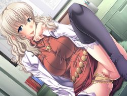 Rule 34 | 1girl, belt, blonde hair, blue eyes, censored, clothing aside, dress, dutch angle, feet, frilled panties, frills, game cg, censored, indoors, knee up, koike marie, lab coat, long hair, looking at viewer, mosaic censoring, no shoes, panties, panties aside, pussy, red dress, ribbed dress, shin yarasete! teacher, sitting, solo, tagme, taut clothes, taut dress, teacher, thighhighs, tryset, underwear, yellow panties
