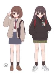 Rule 34 | 2girls, artist name, bag, black eyes, black hoodie, black legwear, blue skirt, bob cut, bright pupils, brown eyes, brown footwear, brown hair, brown jacket, closed mouth, commentary, cup, disposable cup, emma (kumaema), full body, green skirt, hand in pocket, holding, holding cup, hood, hoodie, jacket, loafers, long hair, long sleeves, looking at viewer, medium hair, multiple girls, necktie, open clothes, open jacket, original, pleated skirt, red neckwear, school uniform, shoes, simple background, skirt, sneakers, socks, standing, symbol-only commentary, v, white background, white footwear, white pupils