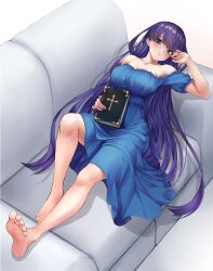 Rule 34 | 1girl, absurdres, bare shoulders, barefoot, bible (object), blue dress, blue eyes, blush, book, breasts, collarbone, commission, couch, dress, fate/grand order, fate (series), feet, highres, holding, holding book, ianzky, knee up, large breasts, legs, long hair, looking at viewer, lying, martha (fate), off-shoulder dress, off shoulder, on back, on couch, open mouth, purple hair, short sleeves, soles, solo, toes, very long hair
