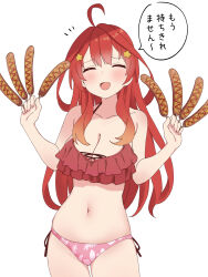 Rule 34 | 1girl, :d, ^ ^, ahoge, akino ell, bare arms, bare shoulders, between fingers, bikini, blush, breasts, cleavage, closed eyes, collarbone, corn dog, facing viewer, food, frilled bikini, frills, go-toubun no hanayome, hair between eyes, hair ornament, highres, holding, holding food, long hair, medium breasts, nakano itsuki, navel, notice lines, open mouth, pink bikini, print bikini, red bikini, red hair, simple background, smile, solo, star (symbol), star hair ornament, swimsuit, translation request, very long hair, white background