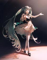 Rule 34 | 1girl, :d, artist request, bare shoulders, black bow, black bowtie, black footwear, black ribbon, bow, bowtie, clothes lift, crossed legs, dress, dress lift, elbow gloves, footwear bow, full body, gloves, green eyes, green hair, hair between eyes, hairband, hatsune miku, high heels, long hair, looking at viewer, miku symphony (vocaloid), open hand, open mouth, outstretched arm, piapro, pleated dress, rella, ribbon, shadow, sleeveless, smile, solo, sparkle, standing, thighhighs, twintails, very long hair, vocaloid, watermark, web address, white dress, white gloves, white thighhighs, wind, wind lift, zettai ryouiki