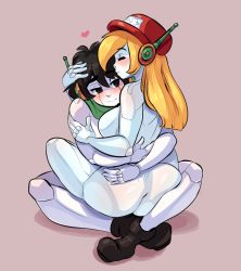 Rule 34 | 1boy, 1girl, android, ankle boots, ass, bad id, bad tumblr id, baseball cap, black hair, blonde hair, blush, boots, brown eyes, closed eyes, colored skin, couple, curly brace, doukutsu monogatari, drcockula, earphones, happy sex, hat, hetero, highres, hug, indian style, joints, leg lock, long hair, neckerchief, nude, quote (doukutsu monogatari), radio antenna, robot boy, robot ears, robot girl, robot joints, sitting, sitting on lap, sitting on person, smile, straddling, upright straddle, white skin