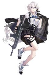 Rule 34 | 1girl, absurdres, ammunition, ammunition belt, apc556, apc556 (girls&#039; frontline), assault rifle, black gloves, black jacket, black skirt, blue eyes, blue ribbon, braid, braided ponytail, breasts, cleavage, collarbone, commission, flower, from side, full body, girls&#039; frontline, gloves, gun, hair flower, hair ornament, handgun, harness, highres, holding, holding clothes, holding gun, holding jacket, holding weapon, holstered, jacket, legs, long hair, looking at viewer, medium breasts, neck ribbon, open clothes, open mouth, open shirt, parted lips, partially fingerless gloves, pixiv commission, ribbon, rifle, shirt, shoes, simple background, skirt, sleeves rolled up, sneakers, solo, standing, suprii, weapon, white background, white footwear, white hair, white shirt, window magazine