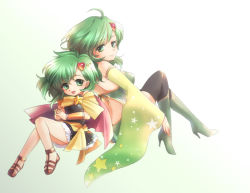 Rule 34 | 1990s (style), 2girls, age comparison, bad id, bad pixiv id, boots, child, detached sleeves, dual persona, en la festa, final fantasy, final fantasy iv, green eyes, green footwear, green hair, hair ornament, high heel boots, high heels, multiple girls, aged up, rydia (ff4), thigh boots, thighhighs, time paradox, aged down