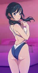 Rule 34 | 1girl, aiuti, amano hina (tenki no ko), ass, bed, black hair, blue eyes, blue one-piece swimsuit, commentary request, competition swimsuit, cowboy shot, from behind, own hands clasped, highleg, highleg swimsuit, highres, indoors, long hair, looking to the side, love hotel, one-piece swimsuit, own hands together, solo, standing, swimsuit, tenki no ko, twintails