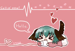 Rule 34 | &gt; &lt;, 1girl, :3, > <, animal ears, chibi, cup, dress, english text, closed eyes, female focus, green hair, heart, heart of string, kasodani kyouko, lying, on stomach, open mouth, phone, red tuna, short hair, smile, solo, speech bubble, string, string phone, tail, touhou, x3