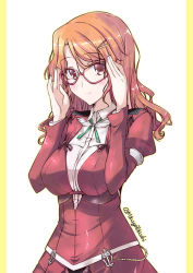 Rule 34 | 10s, 1girl, adjusting eyewear, anchor choker, aquila (kancolle), bespectacled, breasts, brown-framed eyewear, brown eyes, commentary request, glasses, green ribbon, hair down, hair ornament, hairclip, high ponytail, kantai collection, large breasts, long hair, long sleeves, looking at viewer, mikage takashi, neck ribbon, orange hair, ribbon, solo, twitter username