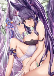 Rule 34 | 2girls, :o, animal ears, arm garter, artist name, bare shoulders, bell, bikini, bikini top only, black bikini, black choker, blue eyes, blue flower, blush, bottomless, breast press, breast rest, breasts, choker, cleavage, commentary request, couple, detached collar, erune, extra ears, eye contact, eyelashes, face-to-face, female focus, flower, from side, girl on top, granblue fantasy, hair flower, hair ornament, half updo, high ponytail, highres, jingle bell, large breasts, lips, looking at another, looking down, looking up, multiple girls, off shoulder, open mouth, parted lips, ponytail, purple hair, red eyes, sarong, see-through, sideboob, sidelocks, signature, simple background, smile, societte (granblue fantasy), strap slip, strapless, swimsuit, toyoman, white bikini, white sarong, yuel (granblue fantasy), yuri