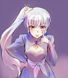 Rule 34 | 1girl, akanbe, blue eyes, commentary, earrings, eyelid pull, finger to eye, iesupa, jewelry, ponytail, rwby, sash, scar, tiara, tongue, tongue out, weiss schnee, white hair