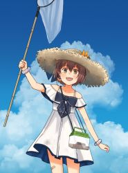 Rule 34 | 1girl, annin musou, bandaid, bandaid on leg, blue sky, blush, brown eyes, brown hair, butterfly net, cloud, cloudy sky, collarbone, cowboy shot, day, dress, flower, hair between eyes, hand net, hat, hat flower, holding, holding butterfly net, insect cage, kantai collection, looking at viewer, official alternate costume, open mouth, short hair, sky, smile, solo, straw hat, sun hat, white dress, yellow flower, yukikaze (kancolle)
