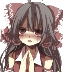 Rule 34 | 1girl, bare shoulders, blush, brown hair, colorized, crying, crying with eyes open, derivative work, detached sleeves, empty eyes, fang, female focus, gaoo (frpjx283), hair tubes, hakurei reimu, long hair, open mouth, own hands together, red eyes, simple background, solo, tears, touhou, white background, yamasuta