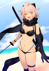 Rule 34 | 1girl, :d, ahoge, bad id, bad twitter id, bare shoulders, bikini, black bikini, black gloves, black scarf, black thighhighs, blonde hair, blurry, blurry background, blush, bow, breasts, brown eyes, cleavage, commentary request, depth of field, elbow gloves, fate/grand order, fate (series), gloves, hair bow, highleg, highleg bikini, highres, holding, holding sword, holding weapon, katana, looking at viewer, medium breasts, namakawa, navel, okita j. souji (fate), okita j. souji (first ascension) (fate), okita souji (fate), okita souji (koha-ace), open mouth, scarf, sheath, sheathed, short hair, single glove, smile, solo, standing, swimsuit, sword, thigh strap, thighhighs, weapon, wristband
